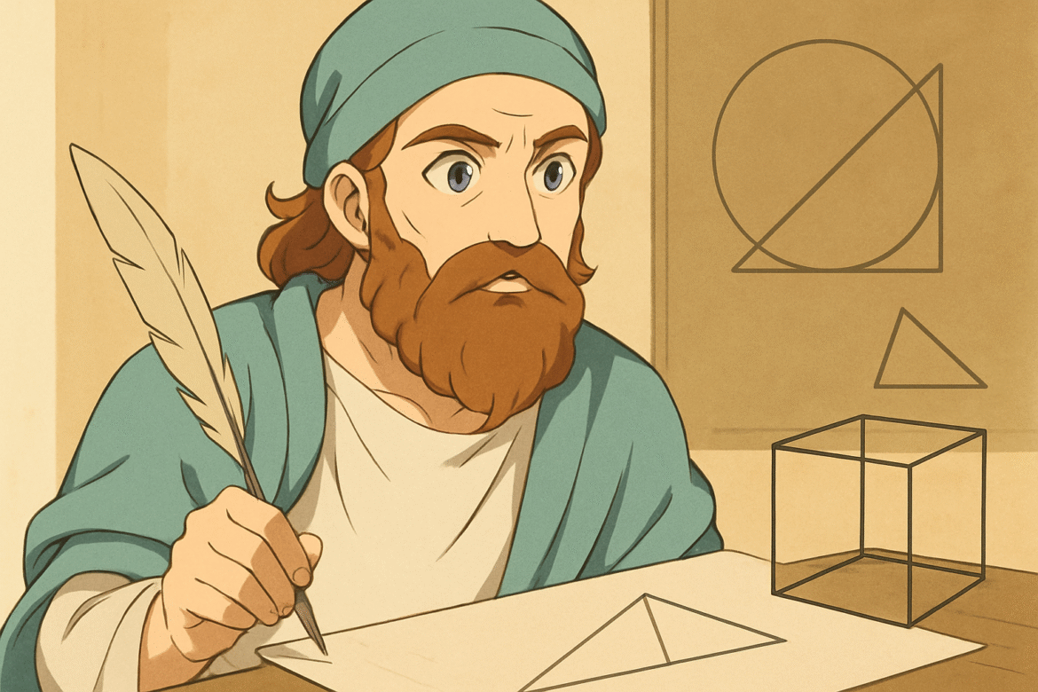 Arquimedes — matemático e inventor grego da antiguidade, retratado com uma pena na mão enquanto estuda figuras geométricas, incluindo um triângulo, um círculo e um cubo, simbolizando suas contribuições fundamentais à geometria.