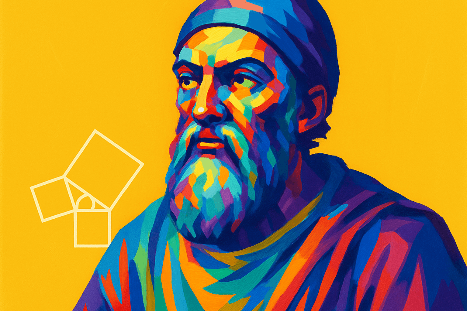 Euclides — conhecido como o Pai da Geometria, retratado em estilo artístico colorido com fundo amarelo e o Teorema de Pitágoras ao fundo, simbolizando sua contribuição monumental à matemática.