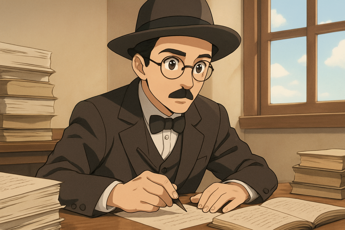Fernando Pessoa — de bigode com óculos e chapéu antigo, vestindo terno formal com gravata borboleta, escreve concentrado em um caderno, cercado por pilhas de papéis em um escritório clássico iluminado por uma janela com céu azul ao fundo.