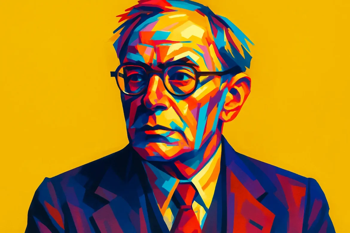 Retrato artístico e colorido de G. E. Moore (1873 – 1958), importante filósofo britânico conhecido por sua defesa do realismo e por sua obra seminal 'Principia Ethica' (1903), que marcou um divisor de águas na ética moderna. Moore foi uma figura central no desenvolvimento da filosofia analítica e influenciou gerações de pensadores, destacando-se por sua crítica ao naturalismo ético e pela formulação do 'argumento da falácia naturalista'. Esta representação vibrante simboliza a profundidade e a vitalidade de seu legado intelectual.
