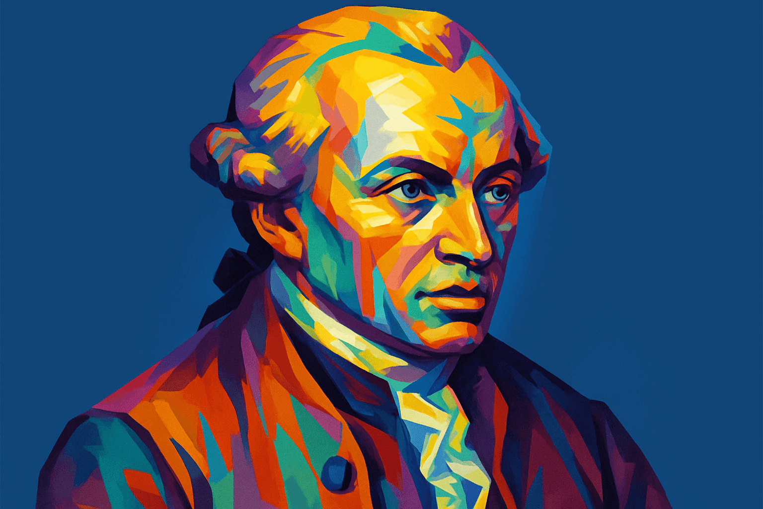 Immanuel Kant — retrato colorido e estilizado do filósofo alemão, conhecido por sua obra crítica sobre a razão, com expressão pensativa e trajes do século XVIII sobre fundo azul.