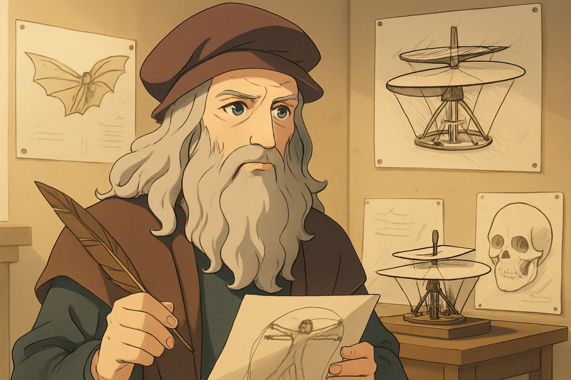 Leonardo da Vinci — artista e inventor renascentista segurando uma pena e um desenho, cercado por esboços de suas invenções e estudos anatômicos em seu ateliê.