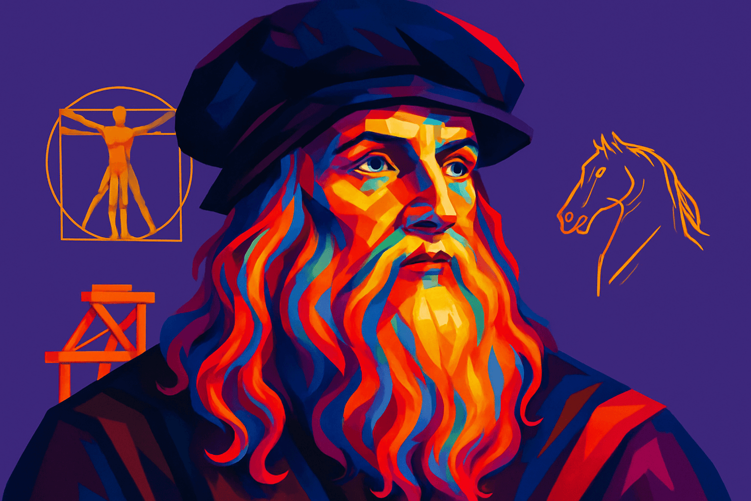 Leonardo da Vinci — retratado em cores vibrantes com representação do Homem Vitruviano, estudo de cavalo e estrutura arquitetônica ao fundo, simbolizando sua genialidade multidisciplinar no Renascimento.