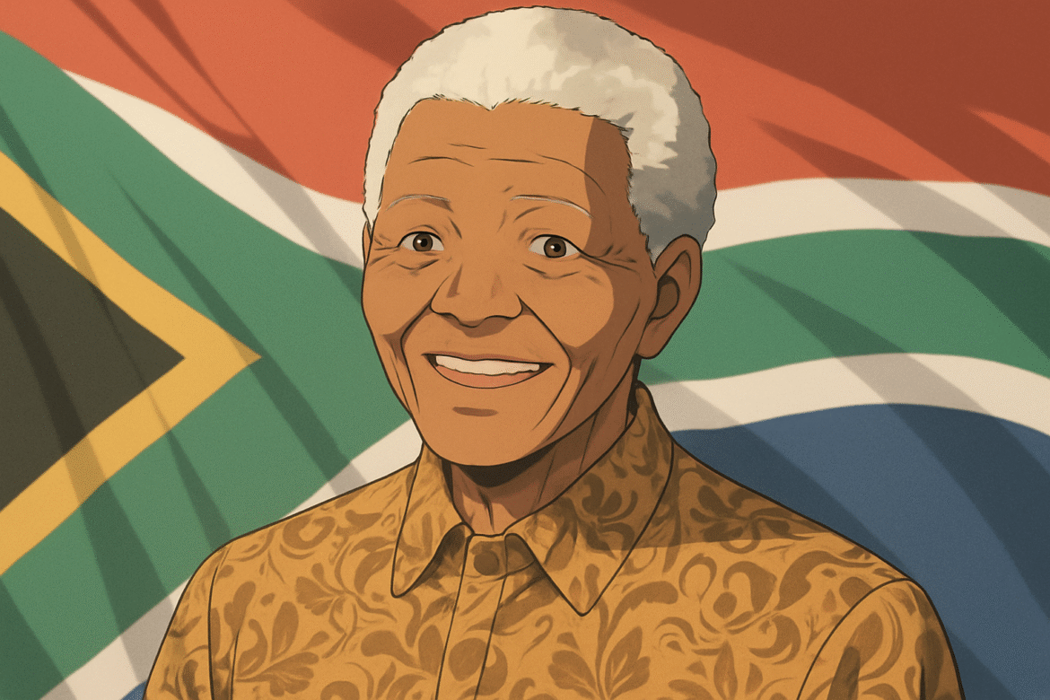 Nelson Mandela — ícone da luta contra o apartheid e ex-presidente da África do Sul, retratado com um sorriso acolhedor, usando uma camisa estampada tradicional e posicionado diante da bandeira nacional sul-africana.