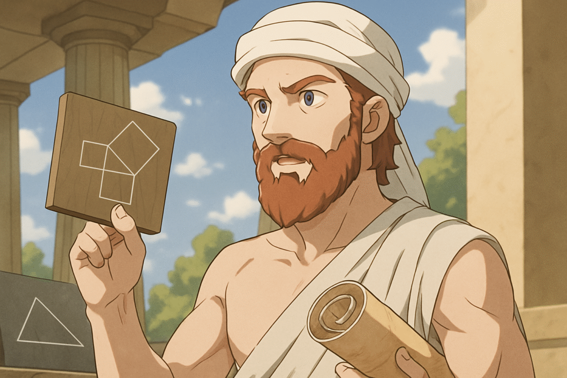 Pitágoras — filósofo e matemático grego segurando um pergaminho e uma placa com o Teorema de Pitágoras ilustrado, em meio a colunas da Grécia Antiga.