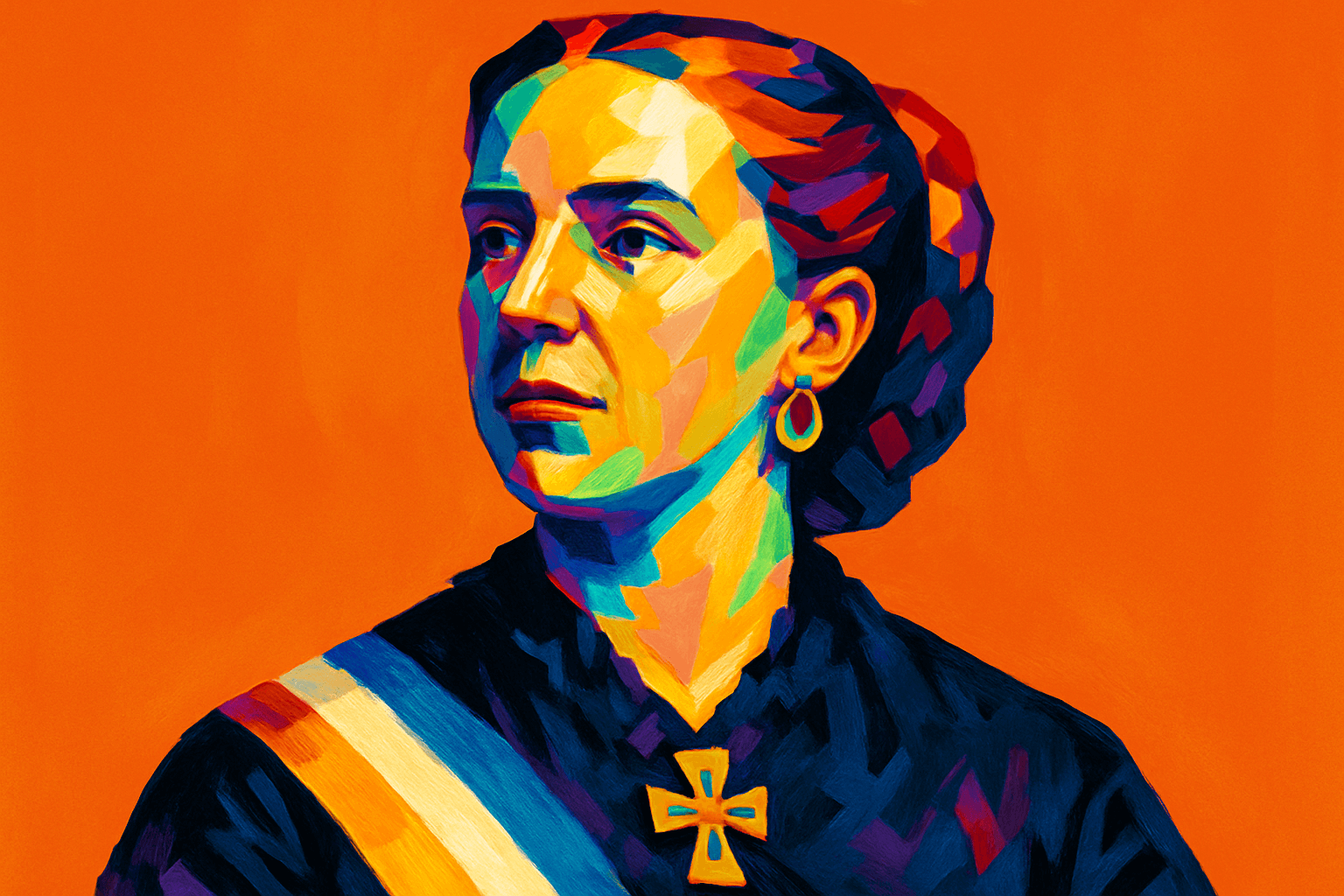 Princesa Isabel — retrato artístico estilizado da princesa brasileira, com fundo laranja vibrante, vestindo traje formal com faixa imperial e cruz no peito, simbolizando sua importância histórica na abolição da escravatura no Brasil.