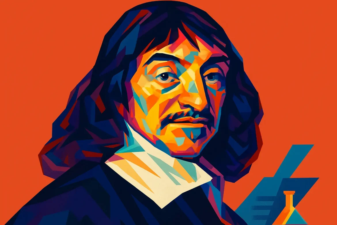 René Descartes — filósofo francês retratado em arte geométrica vibrante, com vestes clássicas do século XVII, ao lado de elementos simbólicos como um frasco e papéis que remetem à ciência e à razão.