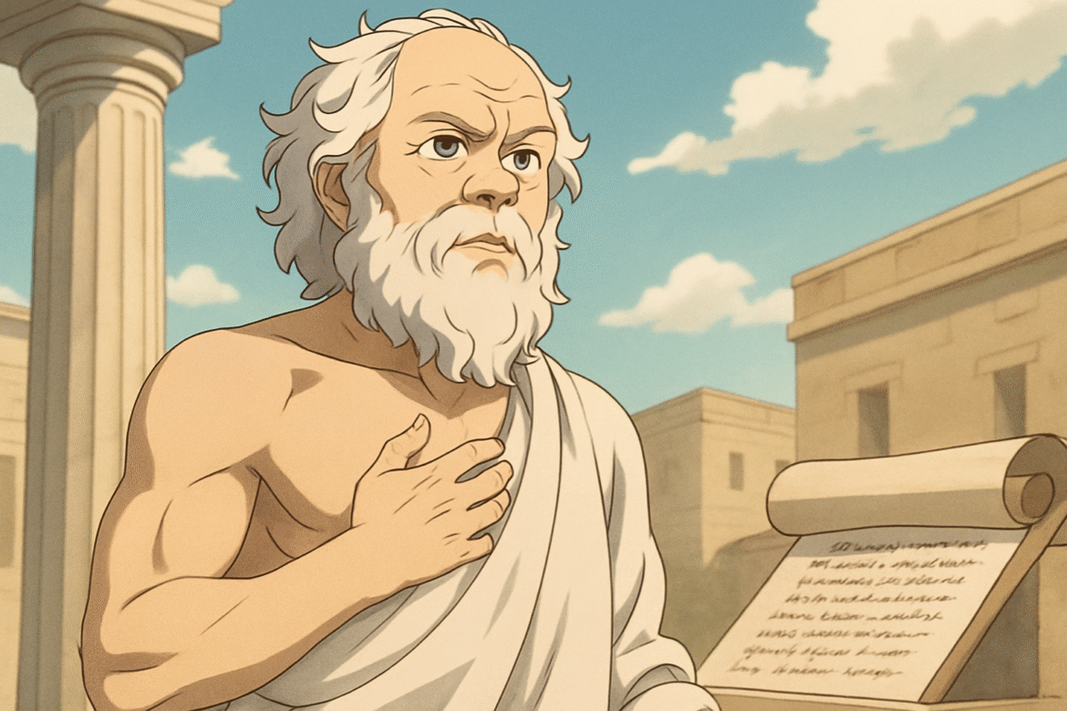 Sócrates — renomado filósofo da Grécia Antiga, representado com barba branca e túnica, diante de colunas e pergaminho, simbolizando seus ensinamentos e o berço da filosofia ocidental.