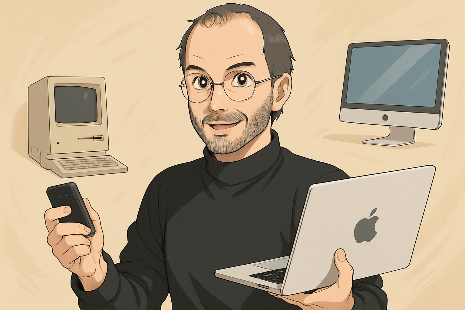 Ilustração artística de Steven Paul Jobs (1955-2011), cofundador e CEO da Apple Inc., uma das figuras mais influentes da revolução tecnológica moderna. Na imagem, ele aparece com suas características marcantes - óculos redondos, barba por fazer e sua icônica gola alta preta - segurando um iPhone e um MacBook, produtos que definiram a era digital. Ao fundo, vemos a evolução tecnológica da Apple: desde o computador Macintosh original até o iMac moderno, simbolizando sua visão visionária que transformou múltiplas indústrias. Jobs revolucionou não apenas a computação pessoal, mas também a telefonia móvel, tablets e entretenimento digital, criando produtos que combinavam tecnologia avançada com design elegante e interface intuitiva, estabelecendo novos padrões para toda a indústria tecnológica.