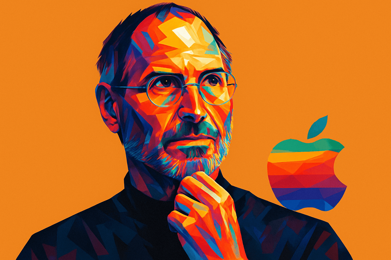 Steve Jobs — fundador visionário da Apple, retratado em arte colorida e estilizada com expressão pensativa, ao lado do icônico logo da Apple em estilo retrô sobre fundo laranja vibrante.