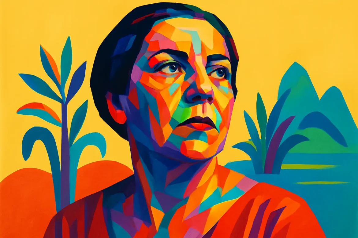 Retrato artístico e estilizado de Tarsila do Amaral (1886 – 1973), importante figura do movimento modernista no Brasil. A imagem, rica em cores vibrantes e formas geométricas, faz referência ao estilo marcante da artista, cuja obra mescla influências europeias com elementos da cultura e paisagem brasileira. Ao fundo, elementos tropicais e formas orgânicas remetem ao universo pictórico de suas obras, como 'Abaporu' e 'Antropofagia', reforçando seu legado como símbolo da arte moderna e da identidade cultural brasileira.