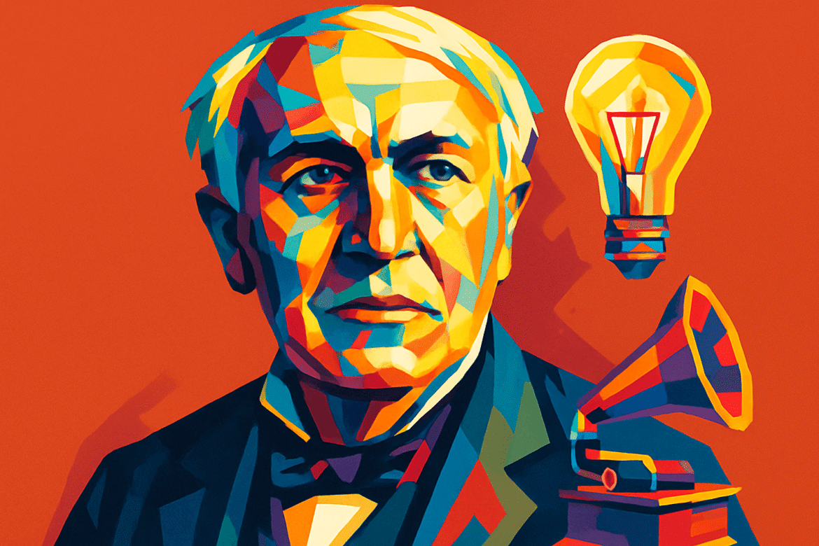 Thomas Edison — retratado em arte colorida ao lado de uma lâmpada e um fonógrafo, duas de suas principais invenções que revolucionaram a eletricidade e o som no mundo moderno.