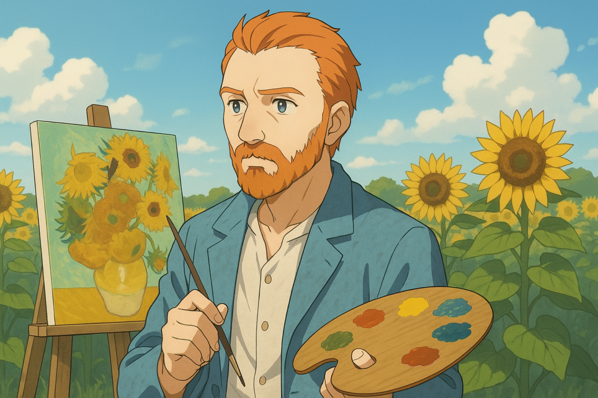 Vincent van Gogh — pintor pós-impressionista retratado em estilo artístico enquanto trabalha em sua icônica obra 'Girassóis', com luz natural entrando pela janela ao fundo.