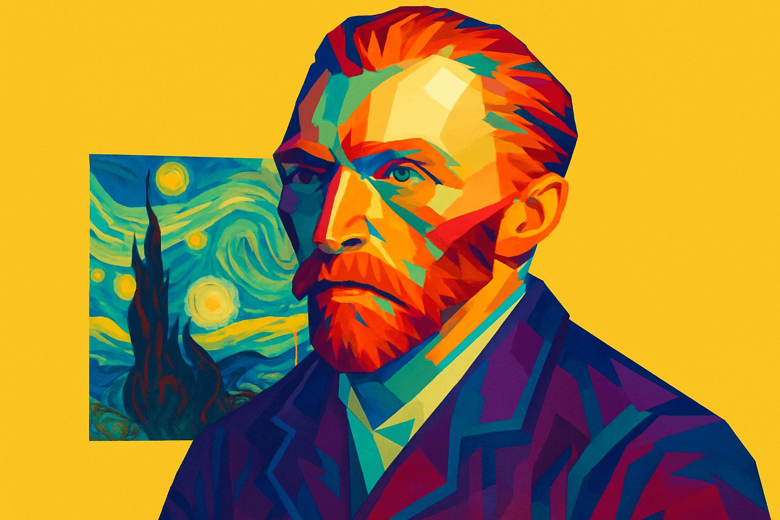 Vincent van Gogh — retrato estilizado do pintor pós-impressionista holandês com cores vibrantes, tendo ao fundo sua icônica obra 'A Noite Estrelada' sobre um fundo amarelo intenso.