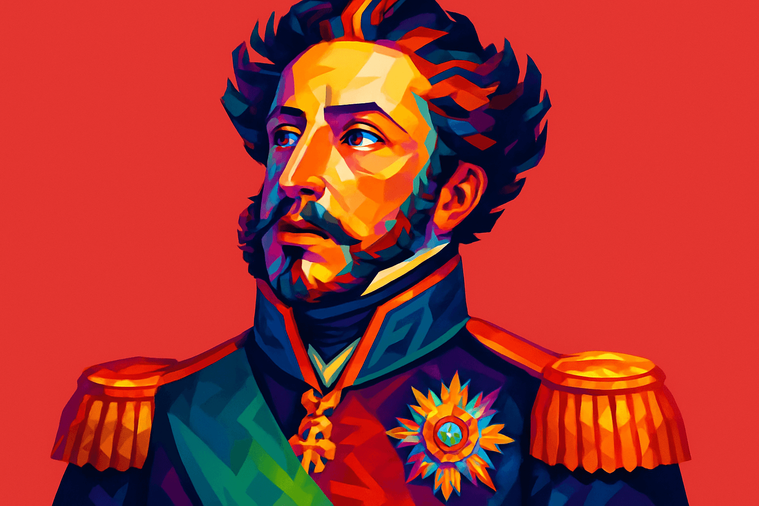 Dom Pedro I — retrato estilizado do imperador brasileiro com farda formal, ombreiras douradas e medalha do Império, sobre fundo vermelho vibrante.