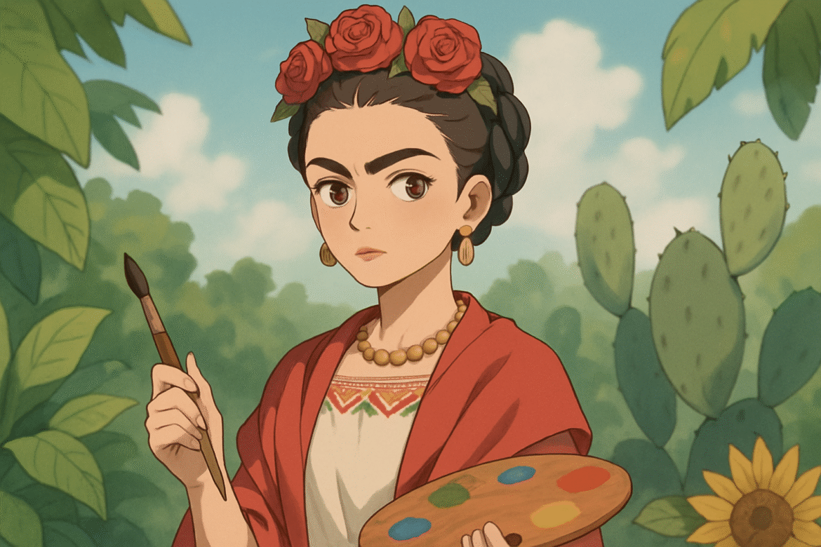 Frida Kahlo — pintora mexicana retratada com seu estilo característico, segurando uma paleta e pincel, vestindo roupas tradicionais e adornada com flores no cabelo, rodeada por vegetação típica mexicana como cactus e girassol ao fundo.