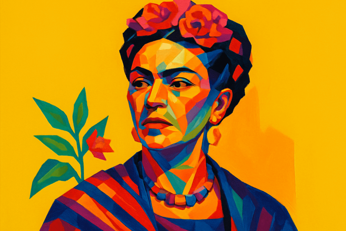 Frida Kahlo — pintora mexicana icônica representada em estilo artístico vibrante, com fundo amarelo intenso, flores vermelhas nos cabelos trançados, colar estilizado e um ramo com flor ao fundo, refletindo sua conexão com a natureza e a cultura mexicana.