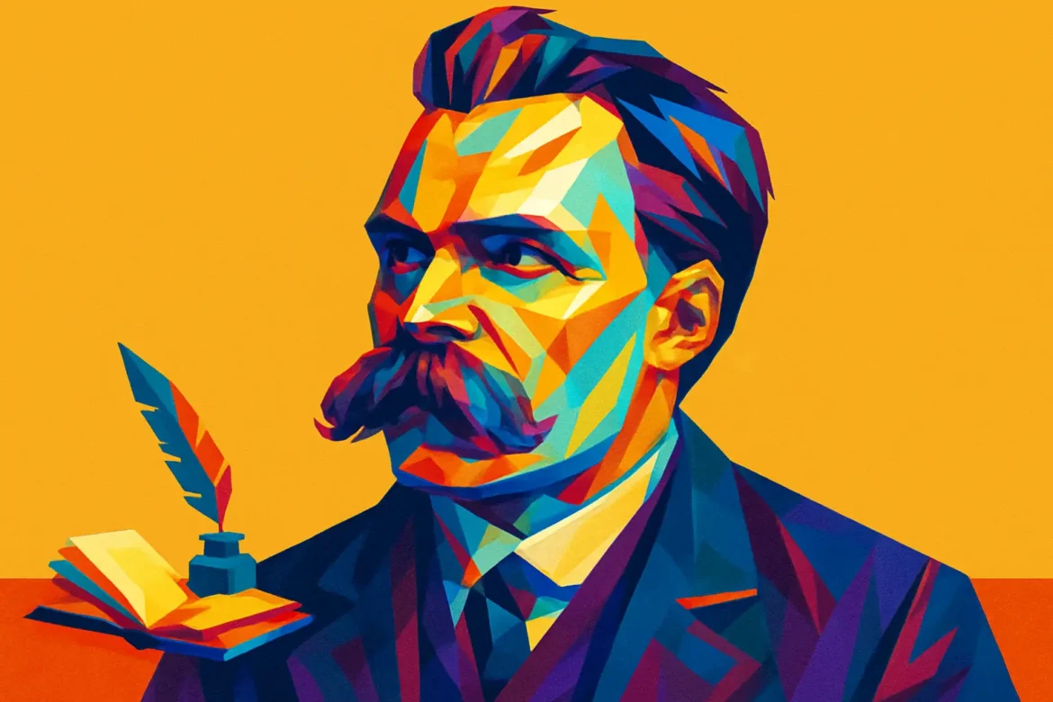 Representação artística colorida de Friedrich Nietzsche (1844 – 1900), influente filósofo alemão cujas ideias desafiadoras sobre moral, religião, niilismo e vontade de poder marcaram profundamente o pensamento ocidental moderno. Conhecido por obras como 'Assim Falou Zaratustra' e 'Além do Bem e do Mal', Nietzsche criticou duramente os valores tradicionais e propôs a criação de novos ideais com base na autonomia individual. Ao fundo, uma pena e livros representam sua produção literária e impacto duradouro no mundo intelectual.