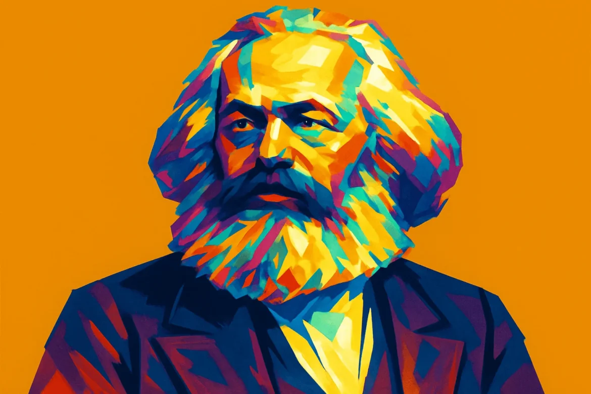Retrato artístico de Karl Marx em estilo colorido e vibrante, destacando o filósofo, economista e teórico político alemão, conhecido por sua influência no pensamento socialista, comunista e crítico do capitalismo.