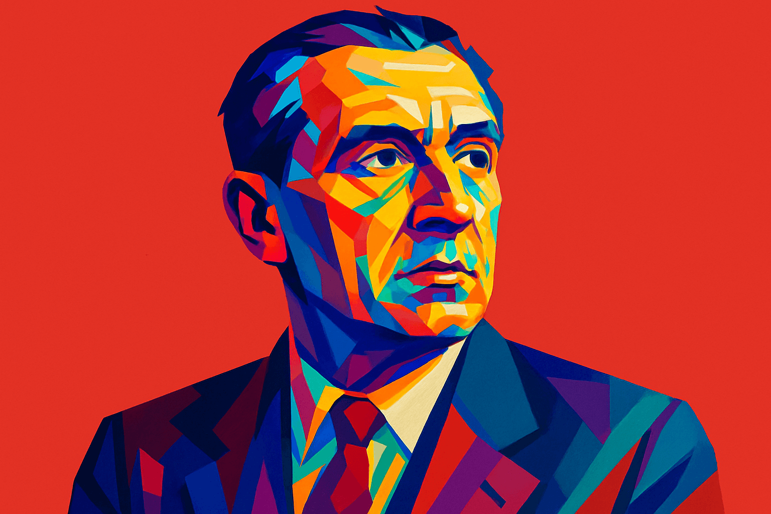 Maurice Merleau-Ponty — influente filósofo francês retratado em um estilo vibrante de arte pop geométrica, enfatizando sua presença profunda e legado intelectual contra um fundo vermelho marcante.