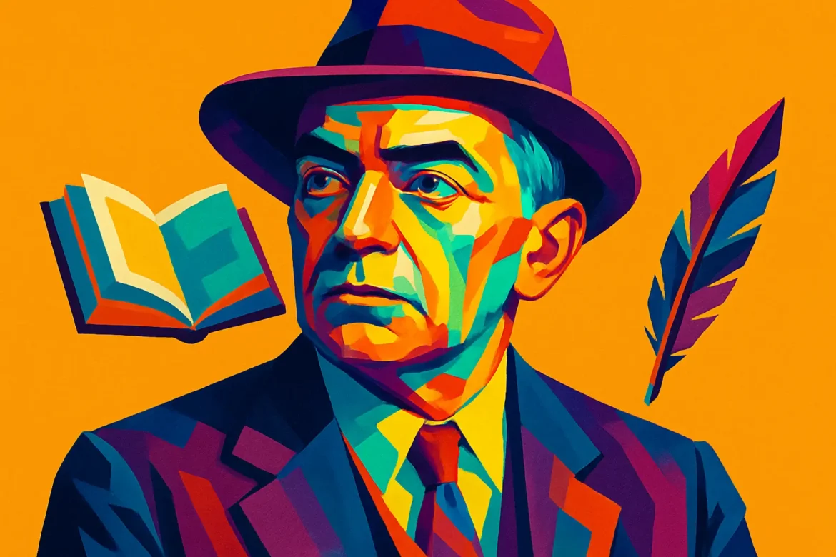 Retrato artístico e colorido de Monteiro Lobato (1882 – 1948), um dos mais influentes escritores brasileiros, pioneiro da literatura infantil no país e criador do célebre universo do Sítio do Picapau Amarelo. A imagem o representa com um livro e uma pena ao fundo, símbolos de sua contribuição inestimável à literatura e ao pensamento crítico nacional. Lobato também foi editor e defensor do desenvolvimento da indústria editorial e do petróleo no Brasil.