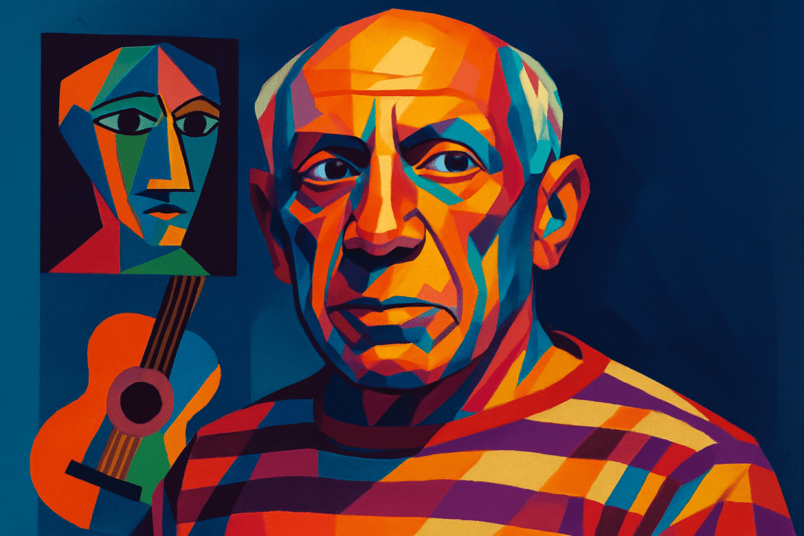 Pablo Picasso — retrato estilizado do mestre do cubismo, com paleta vibrante de cores e formas geométricas; ao fundo, uma obra cubista e um violão, elementos frequentes em sua produção artística.