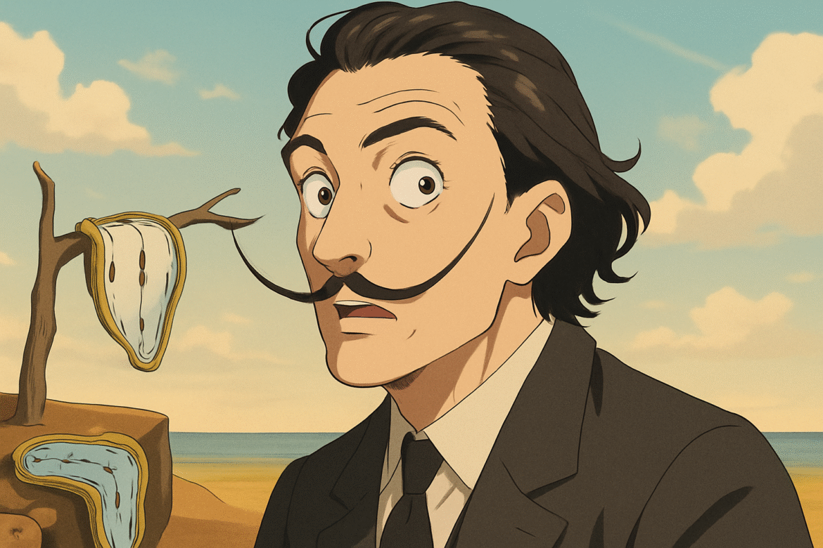 Salvador Dalí — artista surrealista com seu característico bigode curvado, em frente a um cenário desértico inspirado por sua famosa obra 'A Persistência da Memória', com relógios derretendo sobre superfícies.