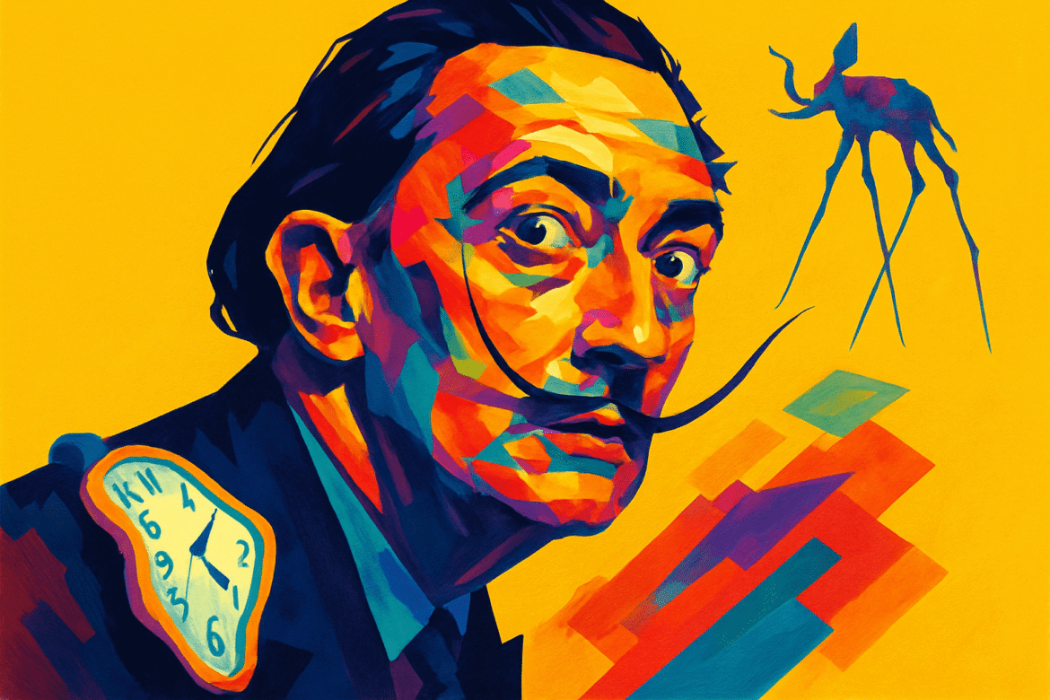 Salvador Dalí — artista surrealista espanhol retratado em estilo colorido e abstrato, com seu icônico bigode curvado, um relógio derretido sobre o ombro e, ao fundo, um elefante de pernas longas, elementos que simbolizam seu universo onírico e característico do surrealismo.