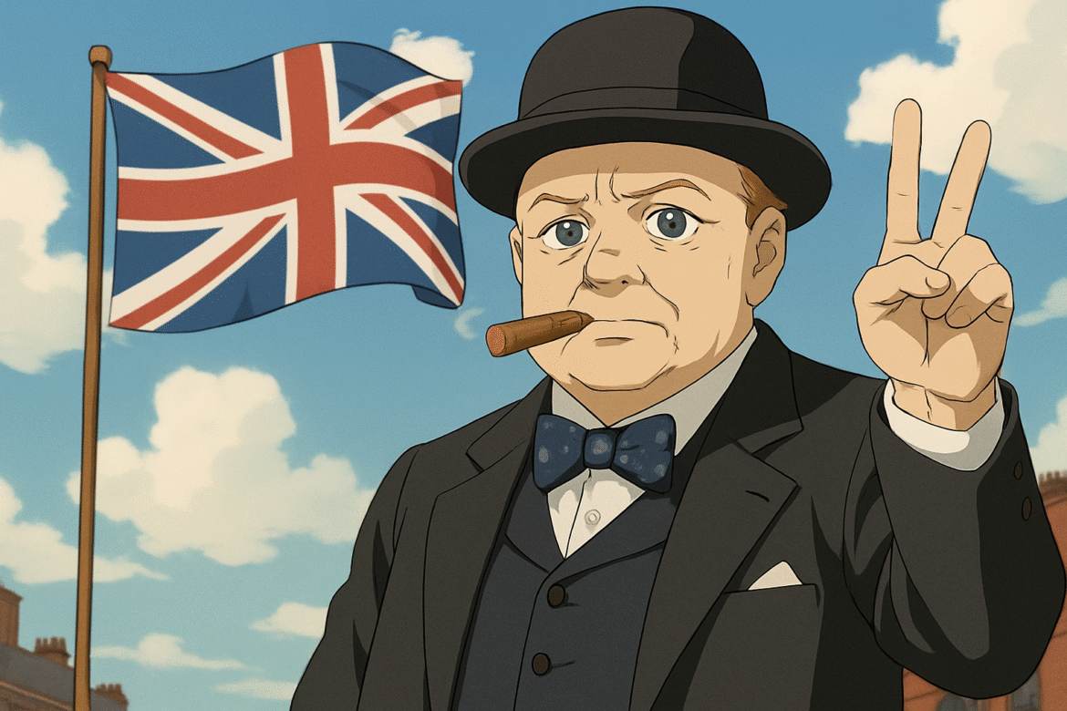 Winston Churchill — Primeiro-Ministro britânico durante a Segunda Guerra Mundial, com charuto na boca e fazendo o gesto de 'V de vitória', em frente à bandeira do Reino Unido sob um céu azul claro.