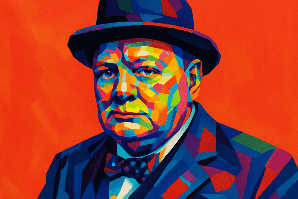 Winston Churchill — retrato artístico vibrante do icônico líder britânico da Segunda Guerra Mundial, com seu tradicional chapéu-coco e expressão determinada sobre um fundo vermelho intenso.