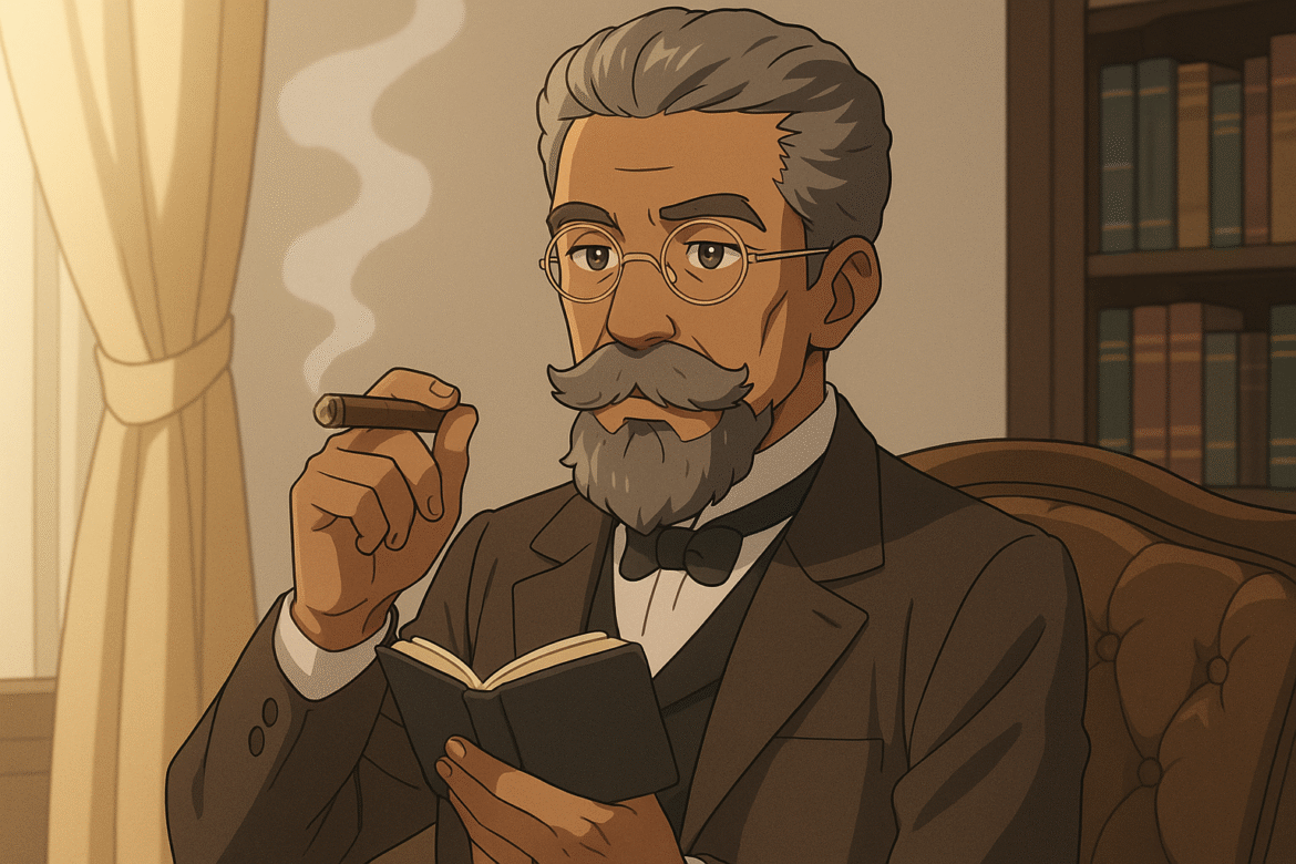 Ilustração artística de Joaquim Maria Machado de Assis (1839-1908), considerado o maior escritor da literatura brasileira e um dos fundadores da Academia Brasileira de Letras. Na imagem, ele aparece caracterizado em seu ambiente intelectual típico do século XIX, com óculos redondos, barba grisalha e vestimentas formais da época, segurando um cachimbo - hábito comum entre os intelectuais do período. Ao fundo, uma estante de livros simboliza sua vasta erudição e produção literária, que inclui obras-primas como "Dom Casmurro", "O Cortiço" e "Memórias Póstumas de Brás Cubas", romances que revolucionaram a literatura nacional com seu estilo irônico e análise psicológica profunda da sociedade brasileira.