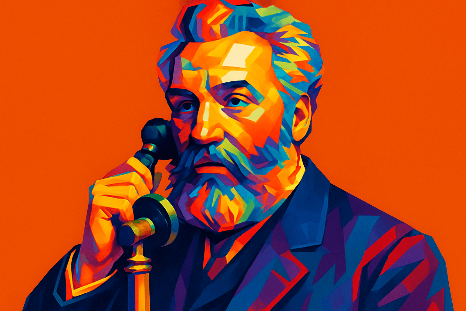 Ilustração artística de Alexander Graham Bell (1847-1922), o inventor escocês-americano que revolucionou a comunicação mundial com a criação do telefone.