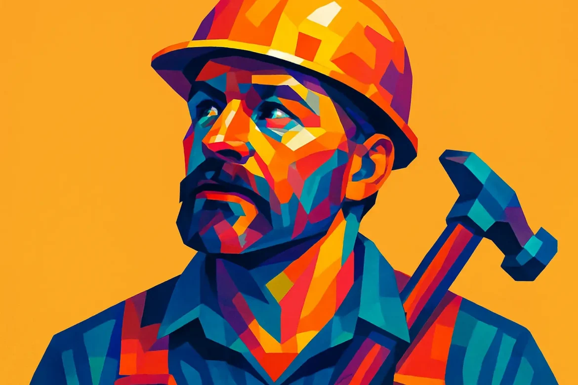 Ilustração estilizada em cores vibrantes de um pai trabalhador usando capacete e segurando um martelo sobre o ombro, representando a figura paterna como símbolo de esforço, responsabilidade e amor. A imagem homenageia os pais que constroem com dedicação não apenas casas, mas lares e sonhos, celebrando o Dia dos Pais com orgulho e gratidão.