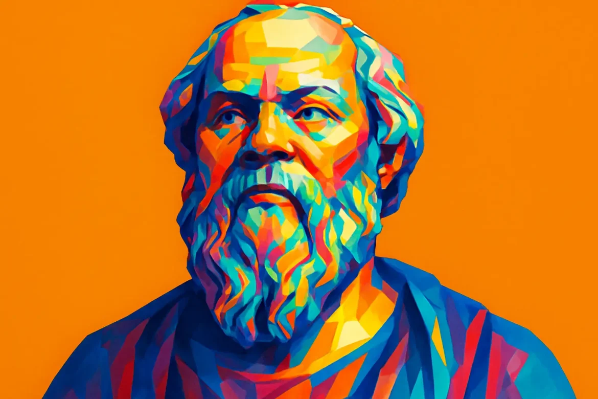 Representação artística de Sócrates, um dos mais influentes filósofos gregos da antiguidade, destacando-se por seu papel fundamental na fundação da filosofia ocidental. Conhecido por seu método dialético e pela célebre frase 'Só sei que nada sei', Sócrates dedicou sua vida à busca da sabedoria e ao questionamento constante da verdade. A arte vibrante em tons psicodélicos contra um fundo laranja simboliza a intensidade e a profundidade de seu pensamento transformador.