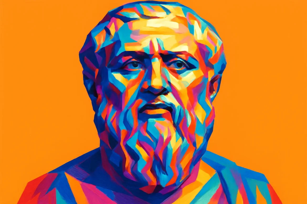 Retrato artístico contemporâneo de Platão (c. 427 a.C. – c. 347 a.C.), um dos mais influentes filósofos da Grécia Antiga, com uso de cores vibrantes em estilo geométrico e psicodélico. Discípulo de Sócrates e mestre de Aristóteles, Platão foi o fundador da Academia de Atenas e deixou um legado filosófico atemporal, centrado no conhecimento, na busca pela verdade e na distinção entre o mundo sensível e o mundo das ideias. A imagem destaca a força simbólica de seu pensamento com uma interpretação visual moderna e expressiva.