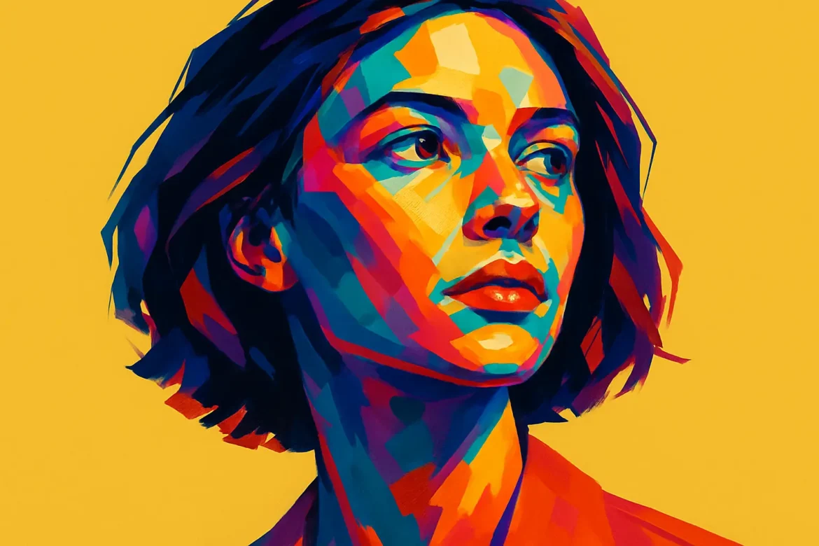 Imagem digital em estilo pop art retrata uma mulher com expressão serena, olhando para o horizonte. As cores intensas e contrastantes — em tons de azul, vermelho, amarelo e roxo — criam um efeito visual dinâmico e moderno. A figura feminina, de cabelos curtos e escuros, emerge sobre um fundo amarelo sólido, destacando-se como símbolo de força, autenticidade e identidade, em sintonia com o tema '15 Frases para Bio do Instagram'.