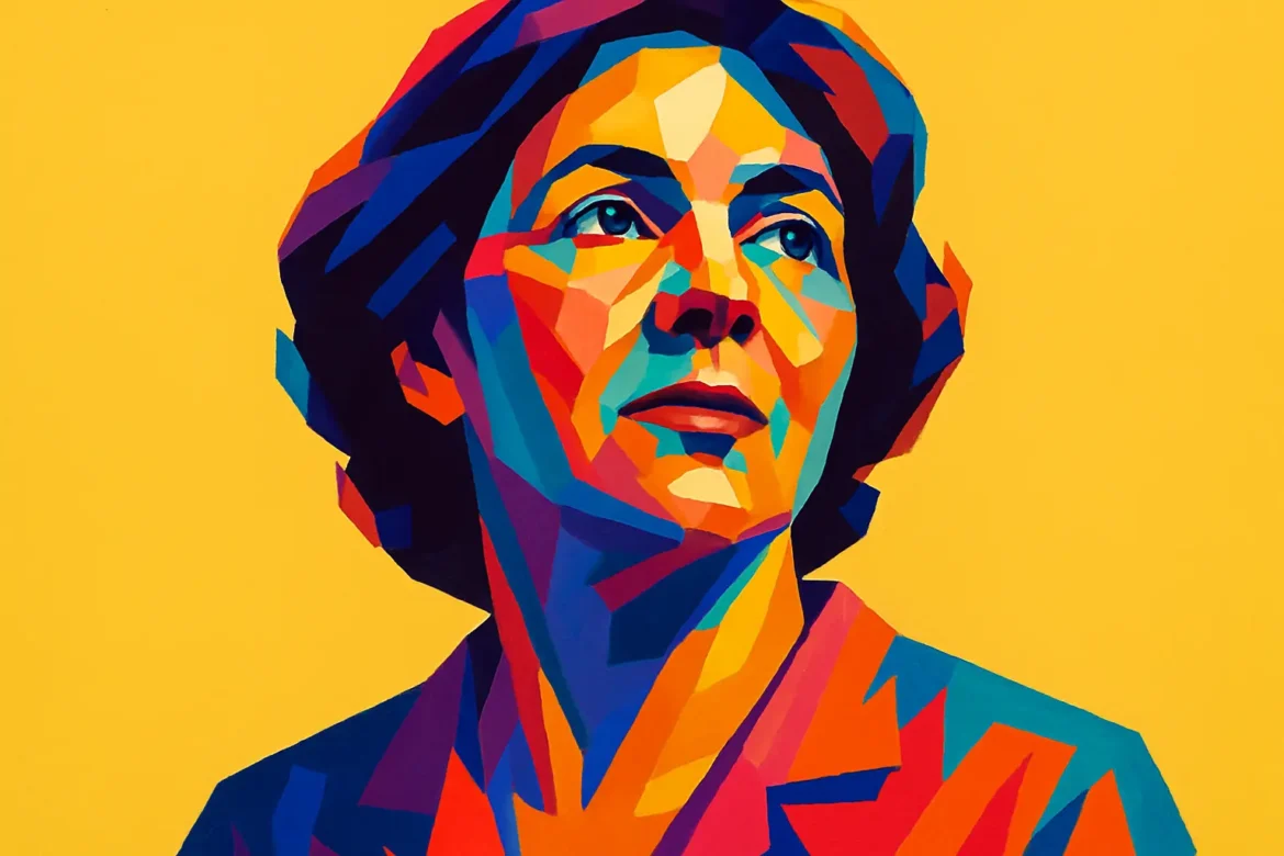 Ilustração vibrante e estilizada de uma mulher, representando simbolicamente as mães, com traços multicoloridos e expressão serena sobre fundo amarelo. A imagem celebra a força, a sabedoria e o amor incondicional das mães, sendo perfeita para acompanhar frases e homenagens no Dia das Mães.