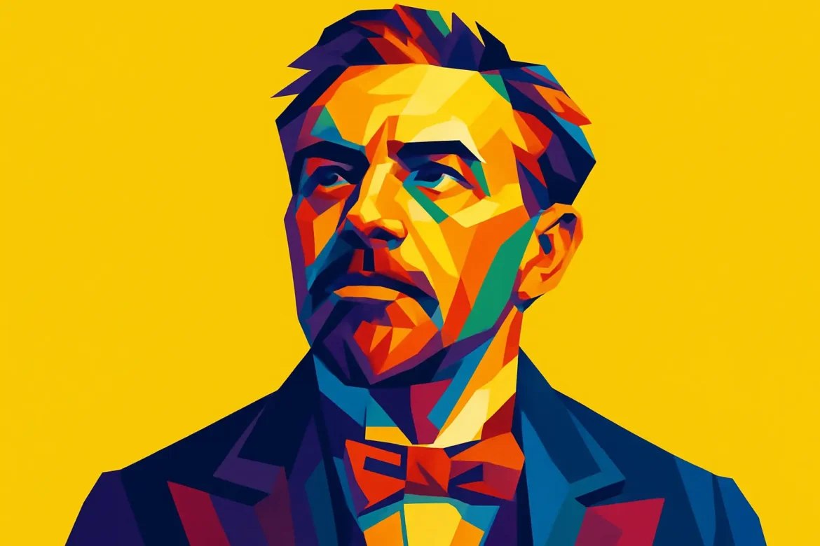 Ilustração vibrante de um homem em estilo pop art, com traços geométricos e cores intensas como laranja, azul, verde e roxo, sobre fundo amarelo sólido. O personagem veste paletó, camisa e gravata borboleta, compondo um visual clássico que contrasta com a estética moderna da arte digital. A imagem remete ao tema '20 Frases para Aniversário' com uma abordagem visual marcante e criativa, ideal para destacar mensagens comemorativas.