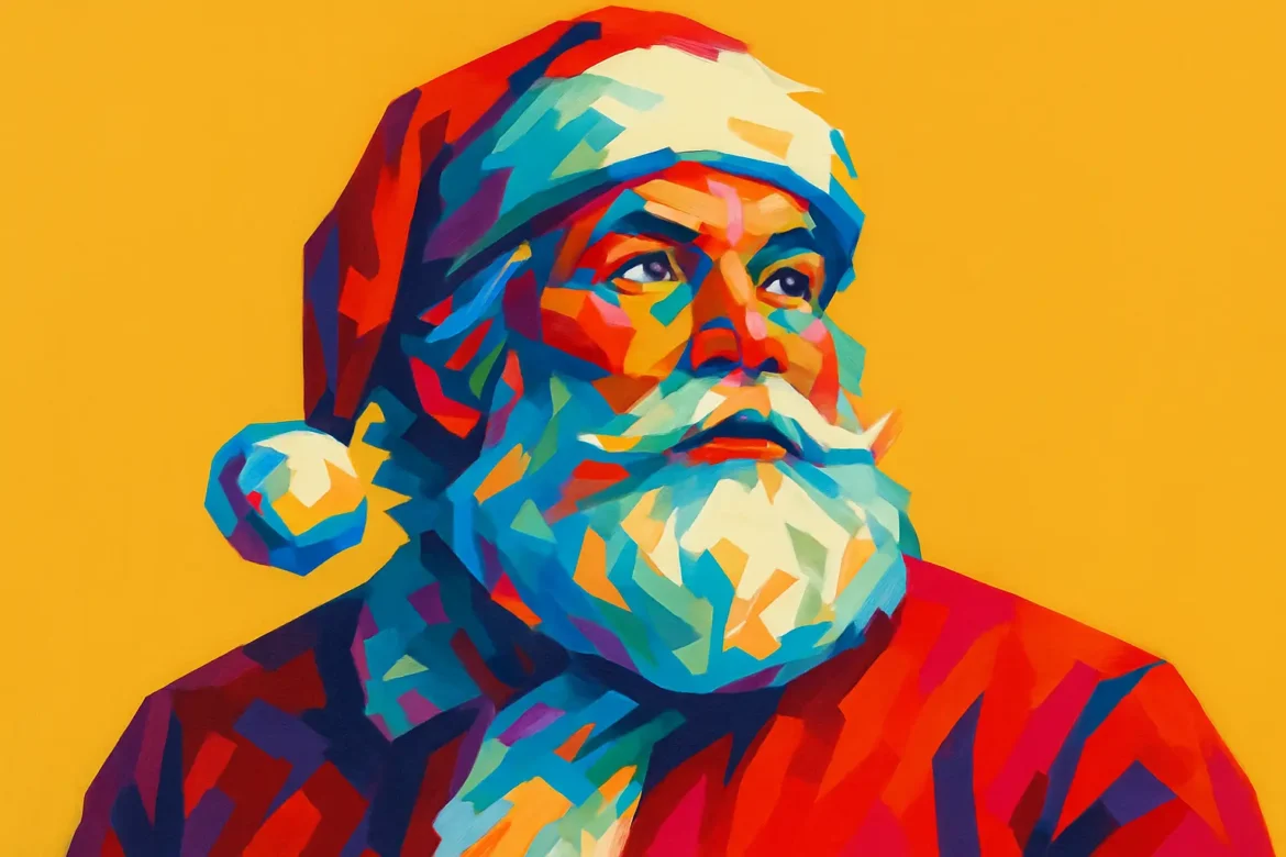 Ilustração vibrante de Papai Noel retratado em estilo pop art, com traços geométricos coloridos que mesclam tons quentes e frios sobre um fundo amarelo intenso. A imagem transmite a magia e o espírito festivo do Natal, destacando a icônica figura do bom velhinho com seu tradicional gorro vermelho, barba branca e expressão serena e acolhedora.