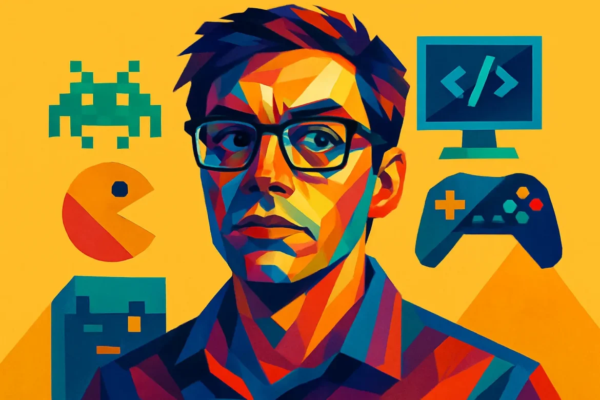 Ilustração colorida e estilizada de um homem com visual geek, usando óculos e expressão seria, cercado por símbolos icônicos da cultura geek e dos videogames: o alienígena de Space Invaders, o personagem Pac-Man, um joystick, uma tela de computador com código e um bloco de pixel art semelhante ao estilo de jogos retrô. A arte celebra o universo geek, sua paixão por tecnologia, programação e games clássicos, destacando a identidade visual vibrante e criativa típica desse universo cultural.