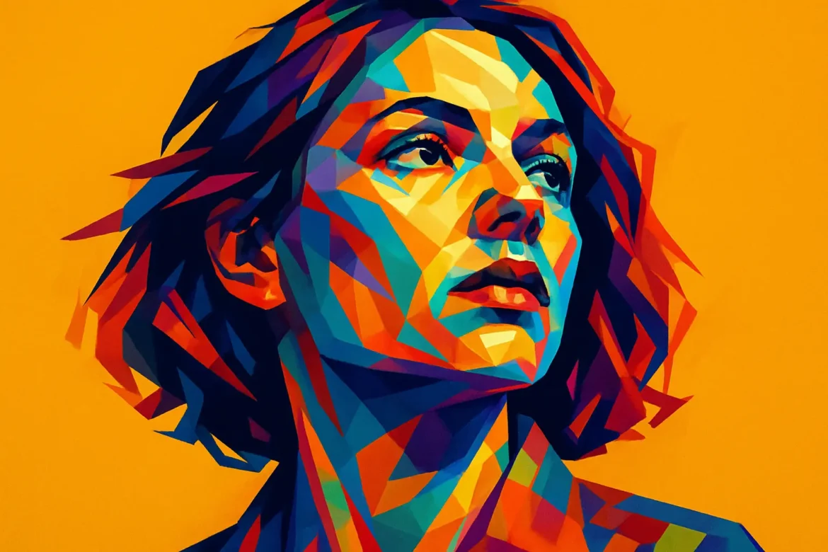 Ilustração digital estilizada de uma mulher com expressão contemplativa, capturada em um retrato artístico de cores vibrantes e traços geométricos. A obra, marcada por tons quentes e contrastantes sobre um fundo laranja intenso, transmite força, introspecção e modernidade, refletindo uma estética contemporânea usada frequentemente em postagens inspiradoras para redes sociais como o Facebook.