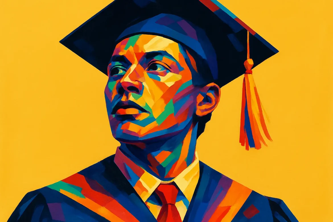 Imagem digital em estilo pop art retrata um formando vestido com beca e capelo, olhando para o alto com expressão de determinação e esperança. O fundo amarelo vibrante e as cores intensas e contrastantes reforçam a emoção e o simbolismo do momento da formatura — um marco repleto de conquistas, sonhos e novos desafios que se anunciam no horizonte.