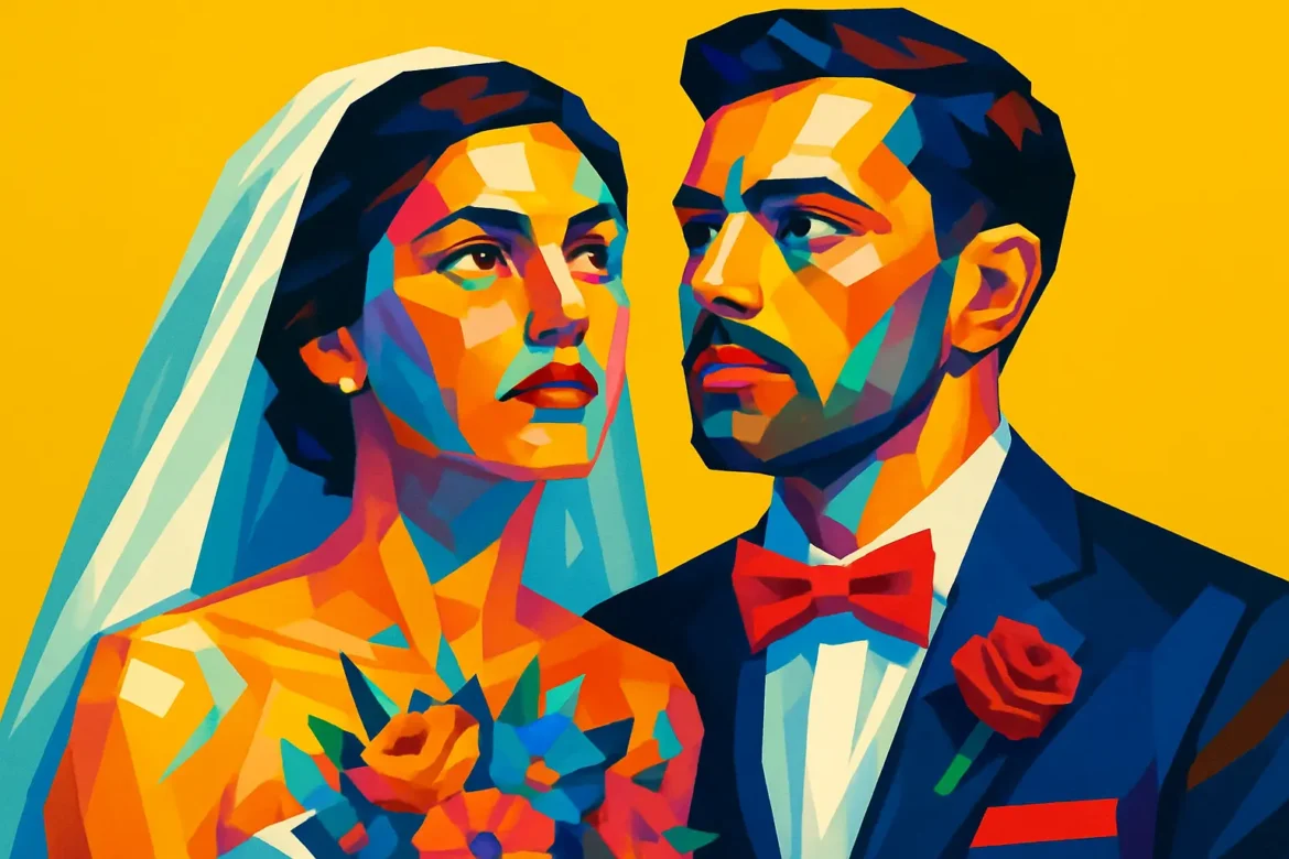 Ilustração estilizada e colorida de um casal de noivos, representados em estilo pop art com cores vivas e contrastantes sobre fundo amarelo. A noiva veste um vestido branco com véu e segura um buquê colorido, enquanto o noivo usa um terno azul com gravata borboleta vermelha e uma rosa na lapela. A imagem transmite intensidade emocional, celebração e a beleza da união matrimonial.