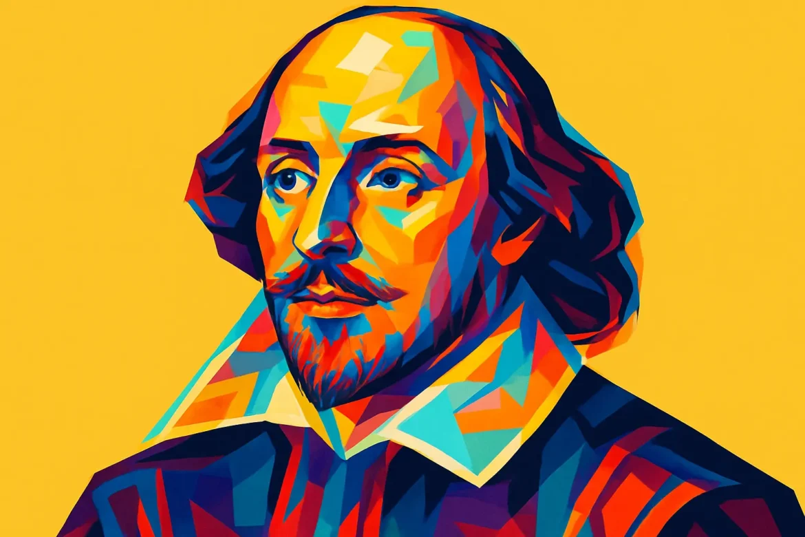 Retrato artístico em estilo pop art de William Shakespeare (1564 – 1616), o mais célebre dramaturgo e poeta da literatura inglesa. Com cores vibrantes sobre fundo amarelo, a imagem celebra o legado atemporal do autor de obras imortais como 'Romeu e Julieta' e 'Hamlet', conhecido por suas profundas reflexões sobre o amor, a condição humana e a complexidade das emoções.