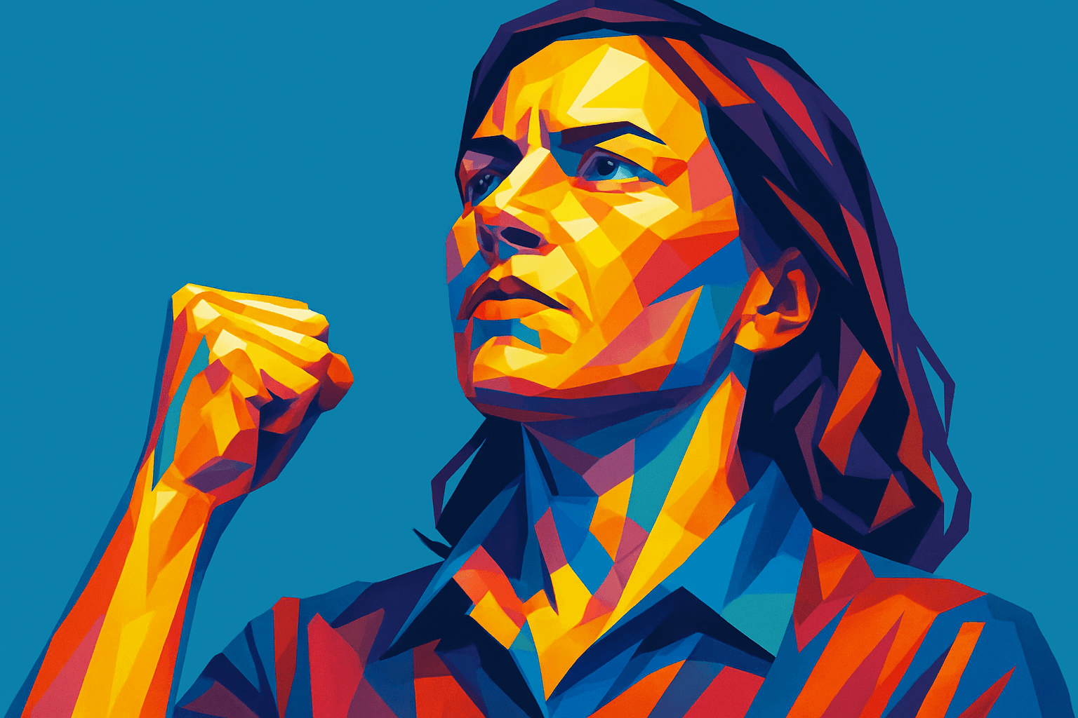 Mulher representada em arte geométrica com expressão séria e punho erguido, simbolizando força interior, foco e determinação sobre um fundo azul vibrante.