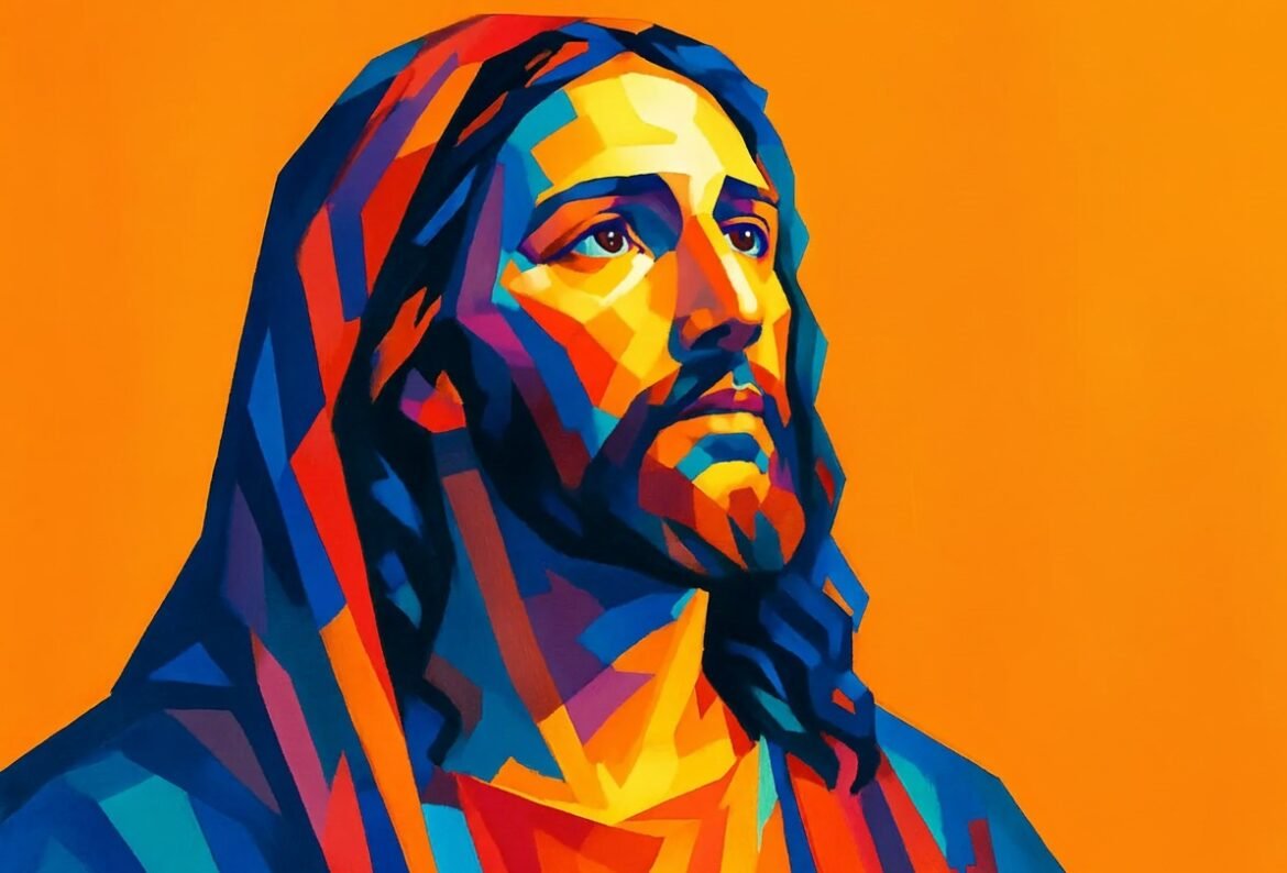 Ilustração vibrante e estilizada de Jesus Cristo, figura central do Cristianismo, retratado com expressão serena e olhar voltado para o alto, simbolizando fé, esperança e espiritualidade. Ao fundo, destaca-se uma cruz, símbolo universal da fé cristã e do sacrifício de Jesus. A arte utiliza cores intensas e contrastantes em estilo pop art, reforçando a mensagem de devoção presente nas '30 Frases sobre Fé'.
