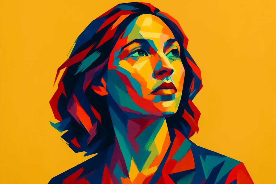 Ilustração estilizada de uma mulher em cores vibrantes e contrastantes, com olhar contemplativo voltado para o horizonte, simbolizando a conexão e o despertar espiritual proporcionado pela natureza. A paleta de cores vivas reflete a intensidade e diversidade do mundo natural, tema central das 30 frases sobre natureza que inspiraram esta obra.