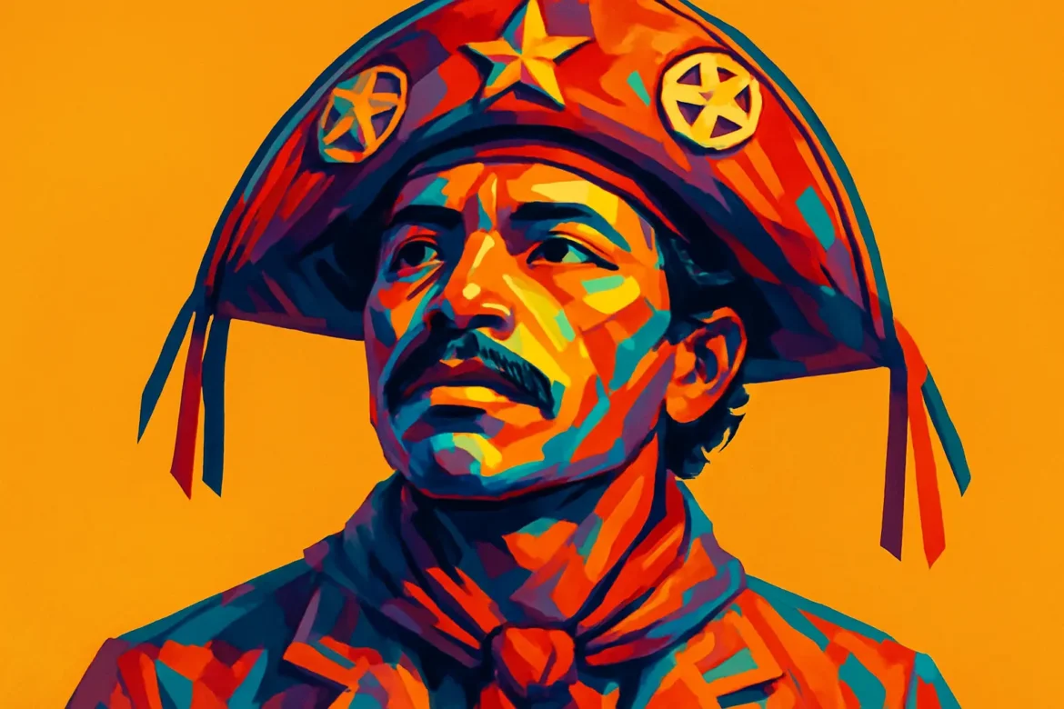 Ilustração artística vibrante de um cangaceiro nordestino, figura emblemática da história e cultura do sertão nordestino brasileiro. Com seu chapéu de couro ornamentado com estrelas e medalhões, o cangaceiro representa a resistência e a luta do povo nordestino, mergulhado em um cenário de cores quentes que evocam a força, o orgulho e a intensidade dessa cultura regional.