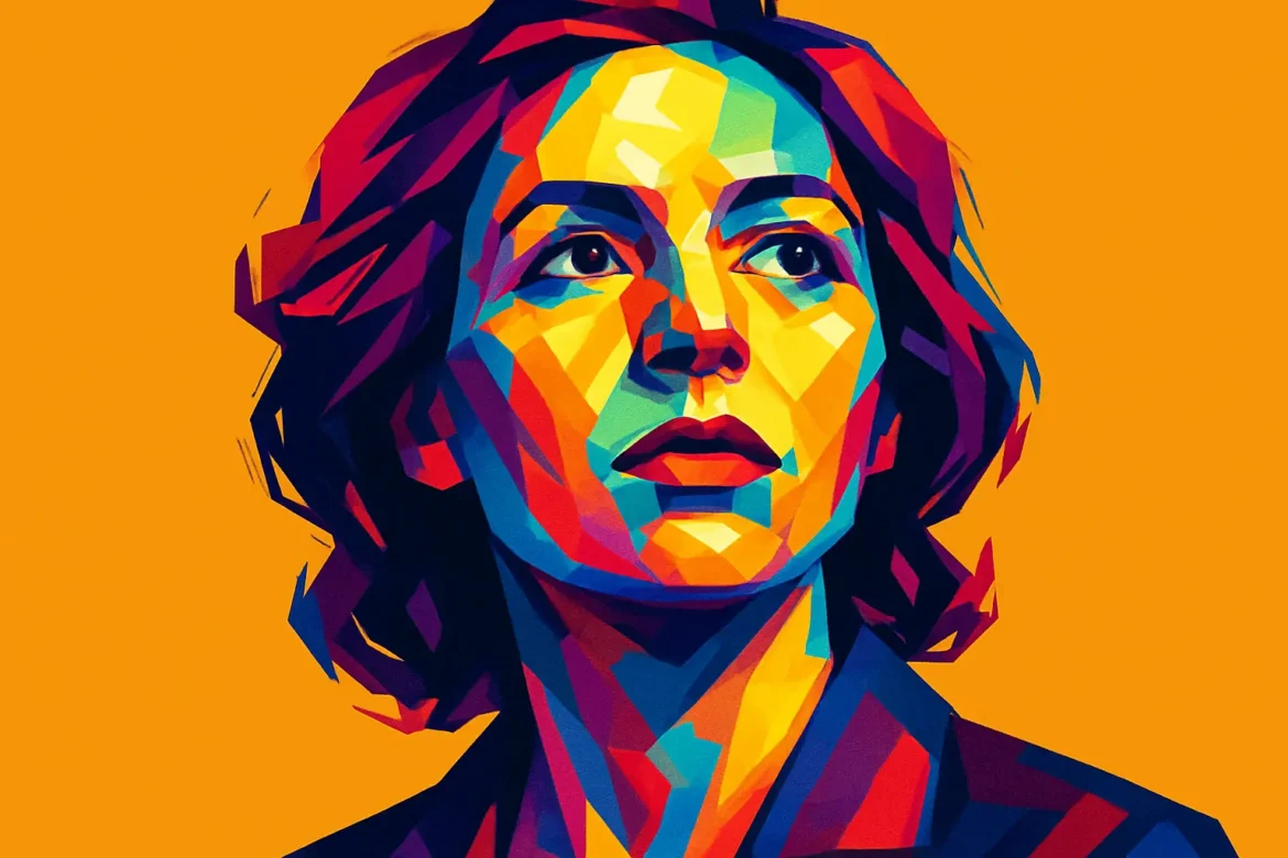 Ilustração em estilo pop art de uma mulher com expressão serena e olhar confiante, composta por formas geométricas e cores vibrantes como azul, vermelho, amarelo e verde, contrastando com um fundo laranja sólido. A imagem remete à criatividade e intensidade emocional, representando a força da expressão individual em cada um dos 365 dias do ano, reforçando o tema '365 Frases – Uma para Cada Dia'.