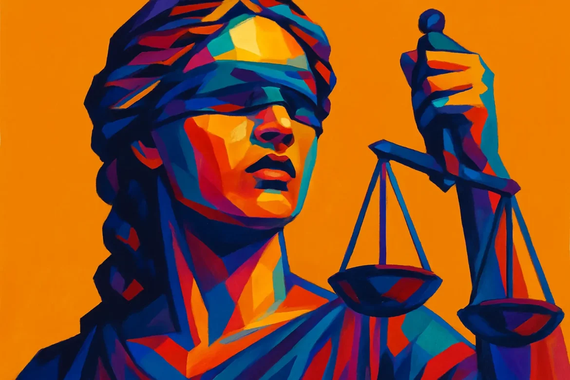 Ilustração artística em estilo pop art da deusa Têmis, símbolo da Justiça, representada com olhos vendados, segurando uma balança. As cores vibrantes e contrastantes reforçam o equilíbrio entre razão e imparcialidade, evocando a importância da equidade e da justiça cega diante das leis, conforme o tema '40 Frases sobre Justiça'.